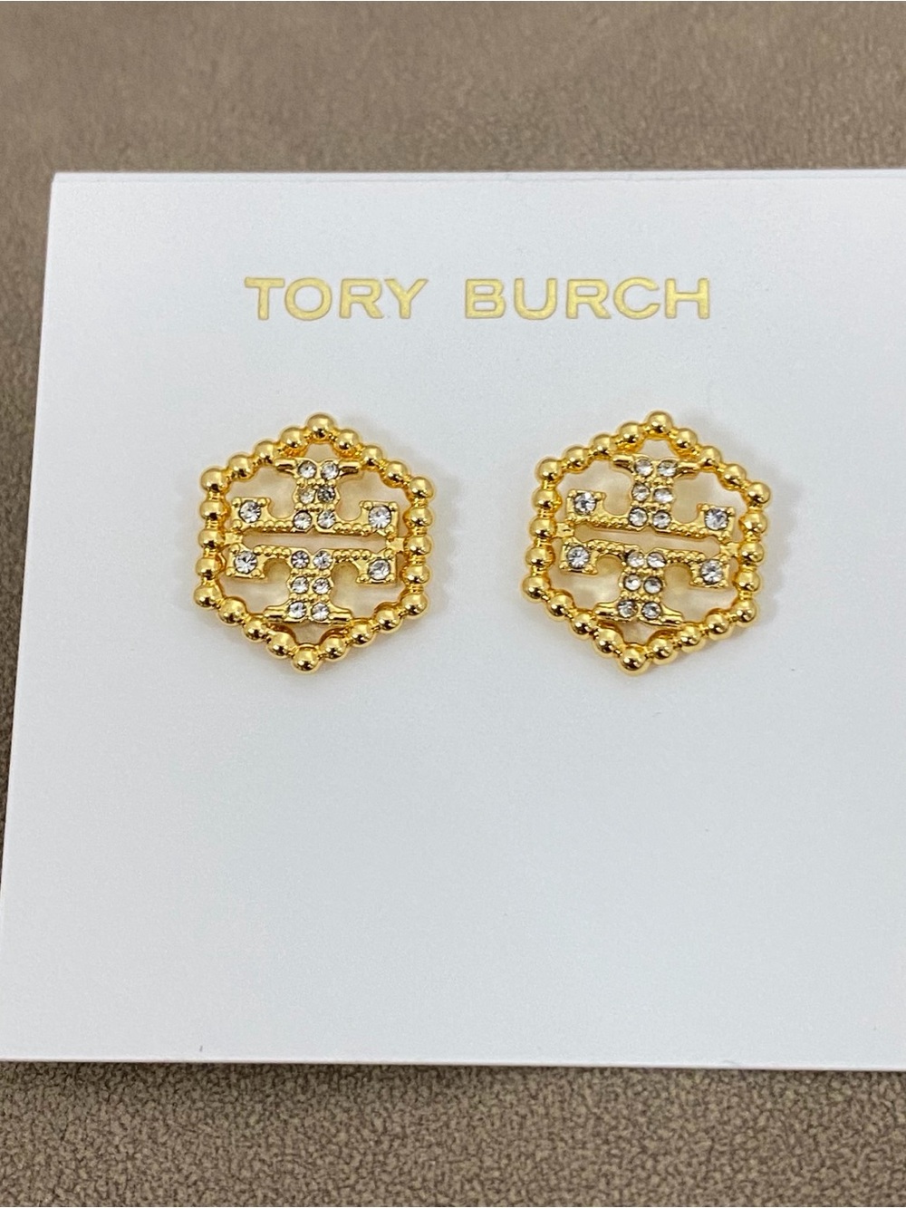 Tory Burch Gold Crystal Hexagonal Logo Studs